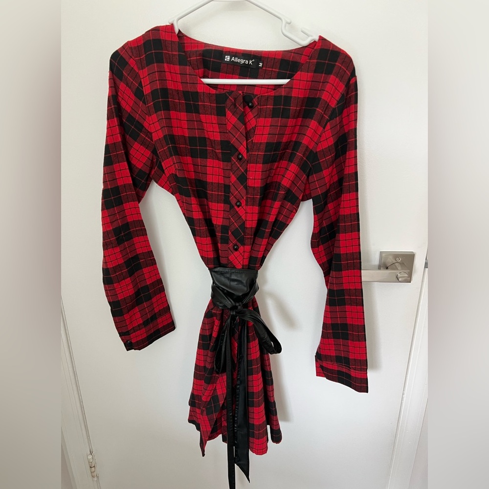 Plaid red and black dress with belt